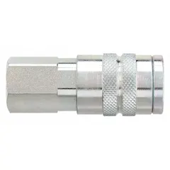 Steel quick-connect air coupling body with 1/2" FNPT female threads and sleeve locking type. Designed for industrial interchange systems to connect pneumatic tools and hoses in compressed air applications.