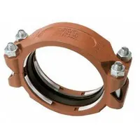 Bolted grooved pipe coupling for joining 10-inch grooved-end pipes. Constructed of ductile iron with an EPDM seal, rated for maximum operating pressure of 300 psi. Overall length of 18 inches. Used in industrial piping systems for water, oil, or chemical lines