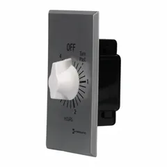 Spring-wound mechanical timer with a 5-minute maximum timing duration. Single-pole single-throw (SPST) switch rated for 277V AC. Includes a silver wall plate; no hold feature. Used for timed on/off control of exhaust fans, lights, or heaters in commercial or industrial settings.