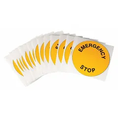 Round non-metallic polyester legend ring with black 'Emergency Stop' legend on yellow background. 3 1/2 in overall diameter. Compatible with Series R4400 and R6000 push-button legends. Used to identify emergency-stop actuators on industrial control panels.