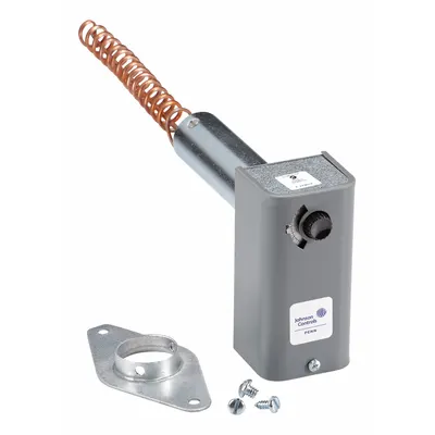 JOHNSON CONTROLS Line Volt Mechanical Tstat: Heat or Cool, Steel, 30° to 110°F, 2°F - Flange-Mounted Single-Stage Duct Controls