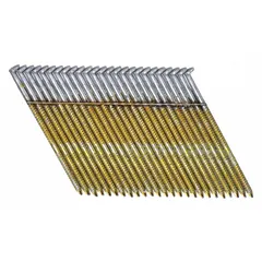 Collated framing nails designed for use with pneumatic nailers in structural wood construction. Each nail is 2 3/8 inches long, made of galvanized smooth steel with a flat head and diamond point for secure penetration. Suitable for framing, sheathing, and decking applications. Supplied in a 2,000-count pack.