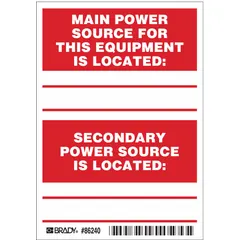 Polyester adhesive sign for marking machine or equipment panels to indicate power source locations or safety warnings. Nominal size 3 1/2 in x 5 in, supplied in a 5-pack. Not retroreflective and does not glow in the dark. Suitable for industrial environments requiring a durable, non-reflective sign.