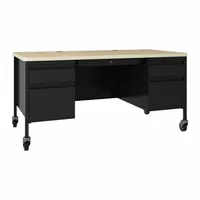 This double pedestal desk features a maple melamine laminate desktop on a black steel frame. It includes two pedestals with four drawers total and a modesty panel. Suitable for office or administrative environments requiring a sturdy work surface