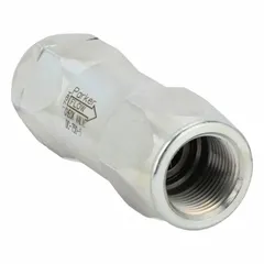 Steel-bodied check valve with 3/4 in NPT inlet and outlet connections. Rated for 3000 psi and 55 gpm. Allows flow in one direction only, preventing backflow in hydraulic systems. Suitable for use in industrial machinery, mobile equipment, and hydraulic power units.
