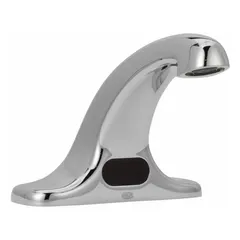 Centerset sensor faucet with cast brass and plastic construction, chrome finish. Battery-powered, aerated flow, NPT connections, includes single supply hose. For touch-free handwashing in commercial restrooms and public spaces.