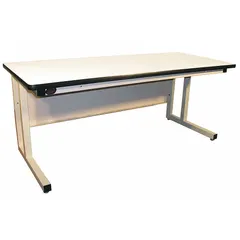 This open-base workstation features a beige laminate top measuring 72 inches by 30 inches, with an overall load capacity of 850 lb. It is suited for industrial assembly, inspection, and light manufacturing tasks, providing a stable work surface for equipment and materials in workshops and production lines.