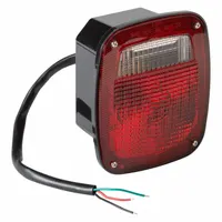 Red rectangular incandescent stop light with bracket mount and pigtail electrical connection. Overall height 6 3/4 in. Designed for permanent installation on vehicles to signal braking. Complies with FMVSS 108 standards