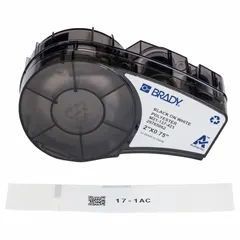 Combined label and ribbon cartridge containing 73 acrylic labels with permanent adhesive, sized 3/4 in x 2 in. Halogen-free material. Compatible with Brady M210 printer series. Used for industrial identification such as asset tagging, cable marking, and safety labeling.