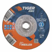 This WEILER Tiger Zirc cut-off wheel is a Type 27 depressed-center wheel measuring 4-1/2 inches in diameter, 0.045 inches thick, with a 5/8-11 arbor hole. Constructed with 60-grit zirconia alumina abrasive, it is designed for high-performance cutting of carbon and stainless steel in metal fabrication, maintenance, and repair applications