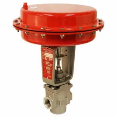 Pneumatic globe valve with 316 stainless steel body and 17-4PH stainless steel disc. Features 1/2 in FNPT x FNPT female connections. Used for flow control of liquids or gases in industrial piping systems.