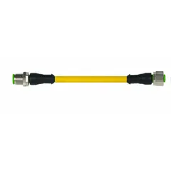 Double-ended cordset with M12 male straight and M12 female straight connectors. Features 4 pins, yellow TPE jacket, 10 m cable length, and IP66K rating. Wire sizes: 19 AWG/22 AWG. Suitable for heaviest-duty applications in harsh environments requiring reliable signal or power transmission.