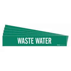 Green adhesive pipe marker with white 'Waste Water' legend, designed for pipe outer diameters of 8 inches and larger. Each pack contains 5 markers without arrows, suitable for identifying waste water piping in industrial and commercial facilities.
