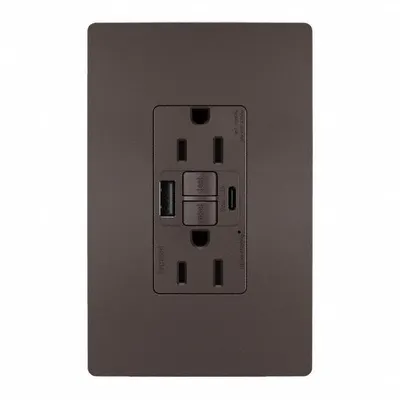 LEGRAND Receptacle: Duplex, 5-15R, 2 USB Ports, USB Type A/C, Brown, 125V AC, 15 A - Weather-Resistant Receptacles with USB Chargers