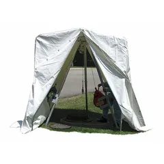 Portable, self-supporting welding tent made of white PVC. Provides a fire-resistant enclosure that contains sparks, UV light, and fumes during welding operations. Suitable for use in fabrication shops, construction sites, and maintenance facilities where temporary welding screens are required.