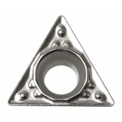 Triangle indexable turning insert made of Cerment material. Used for precision finishing and semi-finishing of steels and cast irons on CNC lathes. Suitable for light to medium cutting conditions.