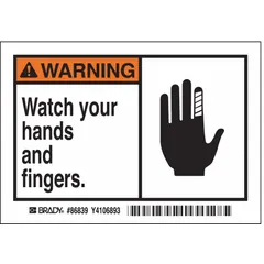 These adhesive warning signs measure 3 1/2 inches by 5 inches and are made of 0.01-inch thick polyester. They are non-retroreflective and do not glow in the dark. The signs are mounted using adhesive backing and come in a pack of 5. Typical applications include placement near machinery, panels, or walls to alert personnel of pinch-point hazards.