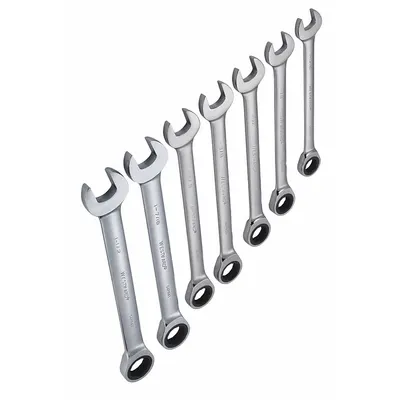 WESTWARD Combination Wrench Set: Alloy Steel, Chrome, 7 Tools, Std - SAE 12-Point Ratcheting Combination Wrench Sets
