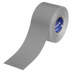This extra-durable floor marking tape is solid gray, 4 inches wide by 100 feet long, with a 22 mil thickness. The tape features a polyester backing material from the B-553 series. It is commonly used to mark aisles, work zones, and storage areas in industrial facilities for safety and organization.