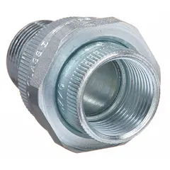 Straight union for connecting conduit to a box. Steel construction with electroplated finish. 1/2 in trade size with 1/2 in FNPT x 1/2 in MNPT hazardous-fittings ends. Used in electrical conduit systems for secure threaded transitions.