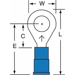 Vinyl-insulated ring terminal rated for 1000V, with 1/4 in stud size and accepting 16 AWG to 14 AWG wire. Suitable for secure wire termination in control panels, machinery, and power distribution applications.