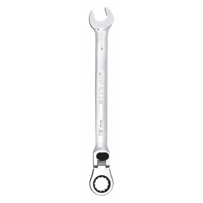 WESTWARD Combination Wrench: Alloy Steel, Chrome, 15 mm Head Size, 9 in Overall Lg - Metric 12-Point Ratcheting Combination Wrenches