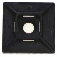 Adhesive mount cable tie base for securing miniature, intermediate, and standard cable ties. Measures 0.99 in L x 0.99 in W x 0.22 in H with a 0.06 in slot height. Black color. Supplied in a 500-pack. Used for cable management on flat surfaces in electrical panels, data centers, and industrial installations.