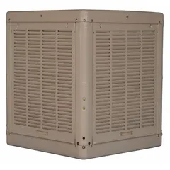 Multiple-inlet residential ducted evaporative cooler for spaces from 600 sq ft to 1,100 sq ft. Measures 33 7/16 in x 28 1/8 in x 28 1/8 in. Drive package not included.