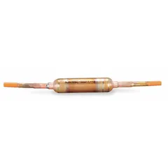 Copper shell filter drier for 1-ton refrigeration systems. Uses a molecular sieve core to remove moisture and contaminants from HFC refrigerant circuits. Measures 10.1 inches in length. Suitable for liquid line installation in commercial and industrial cooling applications.