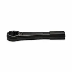 Black-finished steel striking box end wrench with a 12-point, 0° offset head. Head size: 2-3/8 in; overall length: 12-3/8 in. Designed for heavy-duty bolting and loosening applications where high torque is applied via hammer strikes.