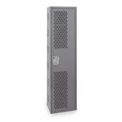 This HALLOWELL ventilated metal wardrobe locker is constructed of gray steel and measures 18 x 18 x 72 inches. It features a single tier, one unit width, a ventilated door, and a padlock hasp for user-supplied lock security. The locker comes fully assembled and includes an identification number plate. Typical applications include personal storage in industrial facilities, schools, and gyms where airflow is beneficial.