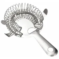 This 4 prong bar strainer is made of stainless steel with a silver finish. It is used in bartending to strain ice and solids from mixed drinks. The strainer is dishwasher safe for easy cleaning