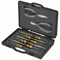 Set of 8 precision pliers with ESD-safe handles for use in static-sensitive environments. Includes diagonal and chain nose pliers, with standard cushion grip and spring return. Supplied in a storage box