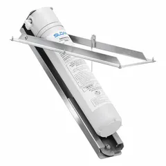 This SLOAN water filtration system uses a carbon block filter media to reduce lead. It has a flow rate of 1.3 gpm and a capacity of 3,000 gallons. Connection is via push-connect fittings. Overall height is 15 3/4 inches. Suitable for drinking fountains and beverage machines.