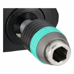 Click-type adjustable torque screwdriver with 1/4 in hex bit holder. Straight design with torque range from 1.2 to 3 N-m. Provides audible and tactile click when preset torque is reached, suitable for precision fastening tasks requiring controlled torque.
