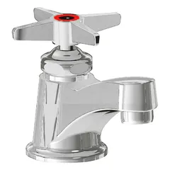 Cast brass construction with polished chrome finish. Single-post handle design for bathroom sinks. Flow rate of 2.2 gpm. Includes mounting hardware.