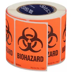 BRADY DOT Handling Label with orange background and 'Biohazard' message. Measures 2 7/8 in wide by 4 in high. Supplied in a 500-pack. Used for marking packages containing biohazard materials during transport.