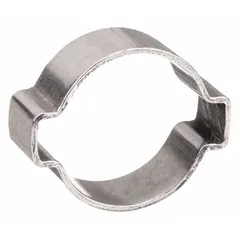 Double-ear clamp made from 304 stainless steel with a clamping diameter range of 41/64 in to 25/32 in and a maximum closing force of 2,500 N. Designed for securing hoses in fluid and air systems, providing a permanent, leak-proof seal in applications requiring vibration resistance and reliable clamping force.