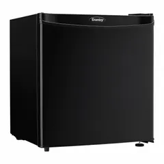 This 1.6 cu ft total capacity mini refrigerator from DANBY features automatic defrost, two shelves, and a solid swing door. It operates on 120V with a 3-prong plug and is Energy Star Certified. Suitable for compact cold storage in spaces such as offices, dorm rooms, or break rooms.