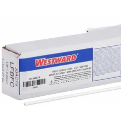 Low-fuming bronze brazing alloy, type RBCuZn-C, supplied as flux-coated rods. Each rod measures 1/8 inch by 36 inches, packaged 33 per pack. Tensile strength is 71 ksi, yield strength is 64 ksi. Used for joining steel, copper, and brass in applications such as HVAC, plumbing, and industrial piping.