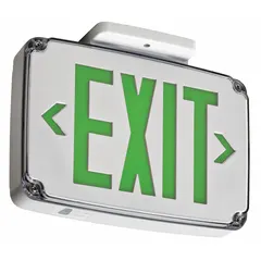 This wet-location-rated exit sign features a white plastic housing with green LED illumination on two faces. It is hardwired for 120/277 V AC operation without battery backup and mounts to a ceiling. Suitable for commercial egress marking in areas requiring continuous-on, non-powered exit signage.