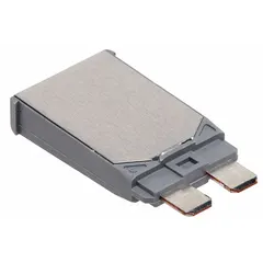 Plug-in mount automotive circuit breaker with blade terminal connection. Type II ATC footprint design for overcurrent protection in 12V DC electrical systems. Rated to interrupt 225 A at 14V DC. Suitable for automotive applications requiring resettable circuit protection.