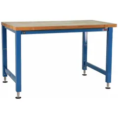 This open-base workstation features a 72 x 30 in blue butcher-block top with an overall load capacity of 1,000 lb. The adjustable-height design supports industrial assembly, maintenance, and packing tasks in workshops, warehouses, and manufacturing lines.