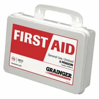Portable first aid kit in a white plastic housing, serving up to 5 people. Contains 66 components including 16 adhesive bandages, a triangular bandage, and 10 iodine wipes. No oral or inhalant medication included. Complies with OSHA 29 CFR 1910.151(b) for general-purpose workplace first aid
