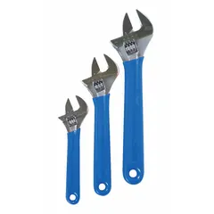 This set of adjustable wrenches is constructed from alloy steel with a chrome finish. The set includes wrenches with jaw capacities of 1 in, 3/4 in, and 1 1/8 in. Suitable for tightening or loosening nuts, bolts, and fittings in general maintenance, plumbing, and mechanical applications.