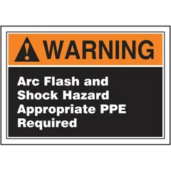 This adhesive-mounted vinyl sign measures 3 1/2 in x 5 in with a thickness of 0.006 in. It warns of arc flash and shock hazards and indicates that appropriate PPE is required. The sign is not retroreflective and does not glow in the dark. It is intended for application on electrical panels, switchgear, and similar equipment to communicate safety requirements.