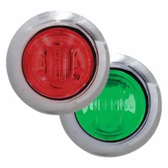 LED round surface mount marker light with green lens and red/green illumination. Features hole mount, bullet connectors, and IP67 rating. Used for exterior vehicle marking on trucks, trailers, and heavy equipment.