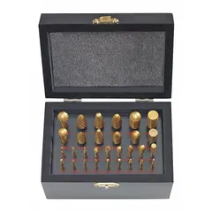 Double-cut carbide bur set for deburring, shaping, and finishing metal, weld seams, and castings. Head diameters range from 1/2" to 1/16" for precision work on steel, stainless, and non-ferrous materials in industrial fabrication, tool and die work, and maintenance.