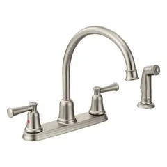 This centerset kitchen faucet from CFG's Capstone series is constructed of brass and features a widespread deck-mount design with a gooseneck spout. It requires four mounting holes and delivers a flow rate of 1.5 gpm. Suitable for kitchen sinks in residential or commercial settings where a widespread configuration is needed.