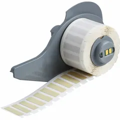 1/4 in x 1/4 in polyimide label roll with permanent adhesive, compatible with BMP71 printer series. Used for durable identification in industrial environments requiring heat-resistant labeling, such as electronics and manufacturing components.